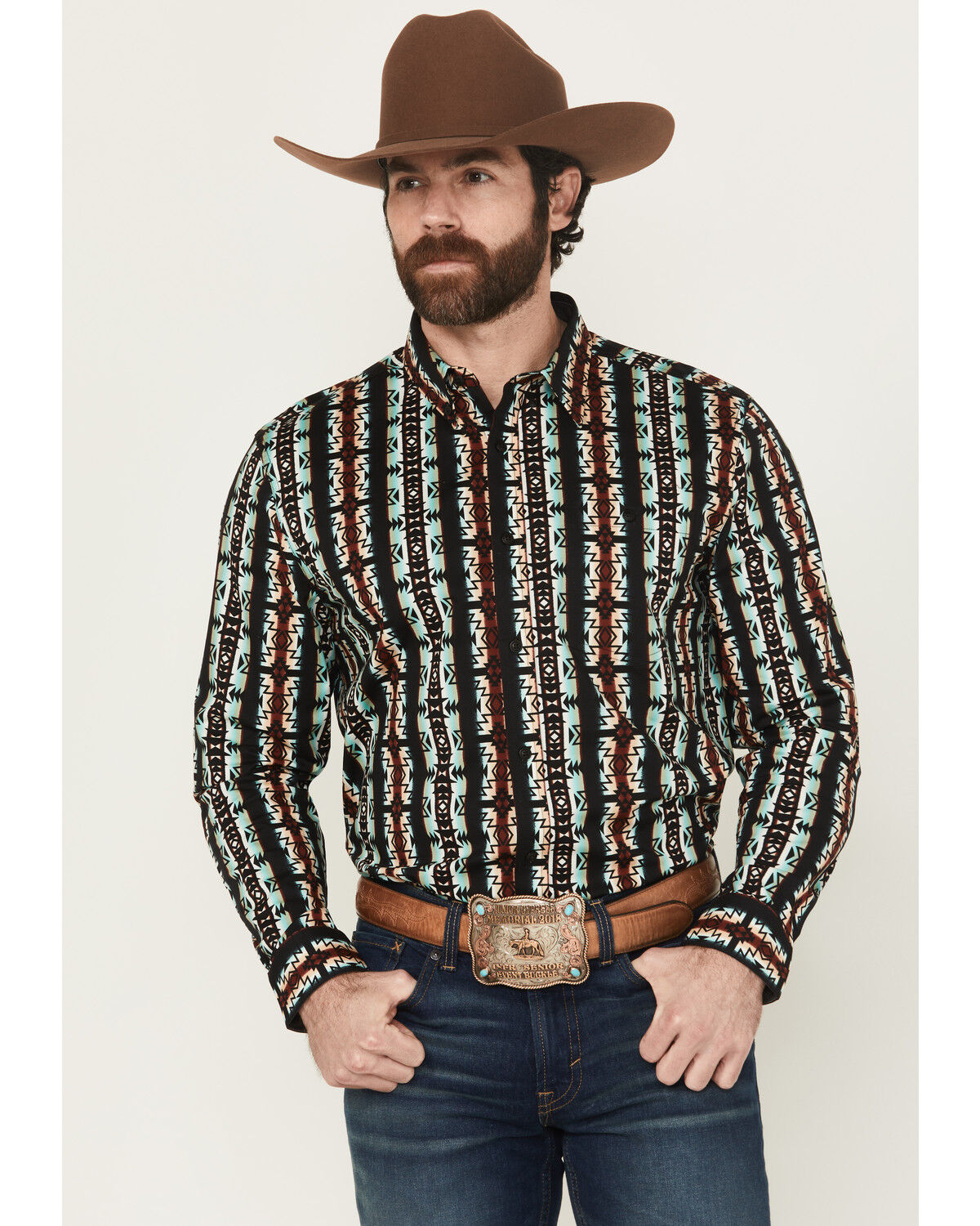 Image #1 - RANK 45® Men's Fargo Southwestern Striped Long Sleeve Button-Down Stretch Western Shirt, Multi, hi-res