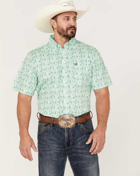 Panhandle Select Men's Allover Floral Print Short Sleeve Button Down Western Shirt , Green, hi-res