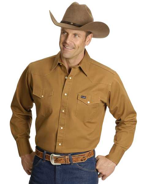 Wrangler Men's Solid Cowboy Cut Firm Finish Long Sleeve Work Shirt, Rawhide, hi-res
