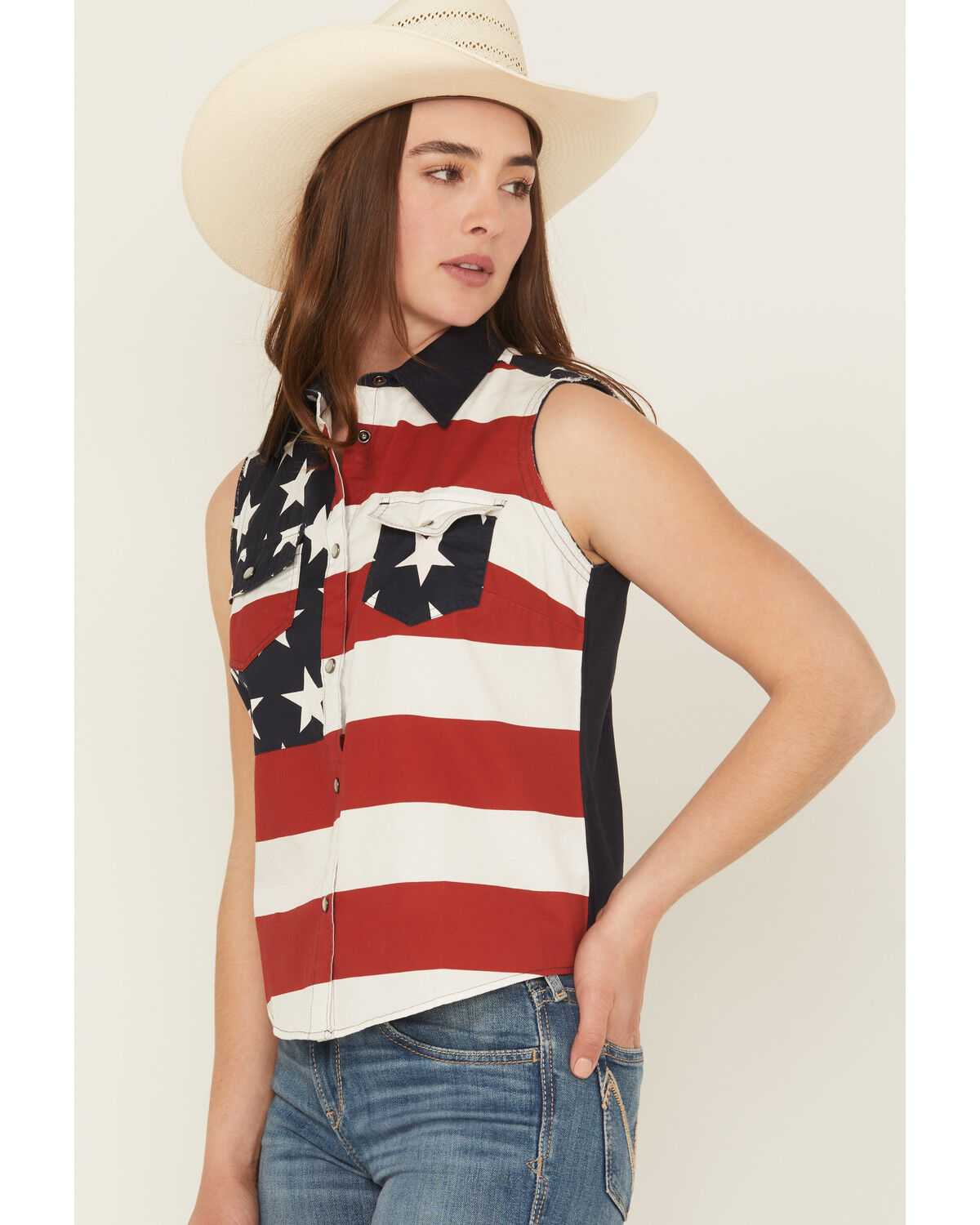 Image #2 - Shyanne Women's Americana Print Bubba Sleeveless Snap Western Shirt, Red, hi-res