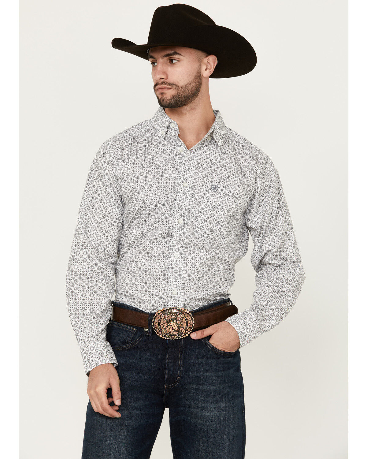 Image #1 - Ariat Men's Jimmy Mini Medallion Geo Print Long Sleeve Button-Down Western Shirt, Grey, hi-res