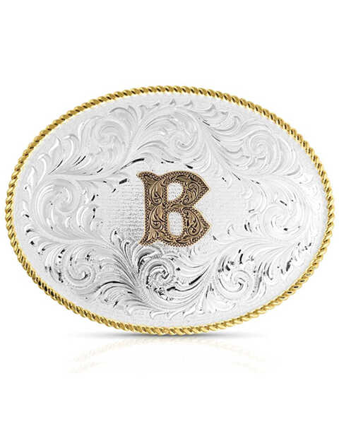 Montana Silversmiths Classic Western Oval Two-Tone Initial Belt Buckle - B, Silver, hi-res