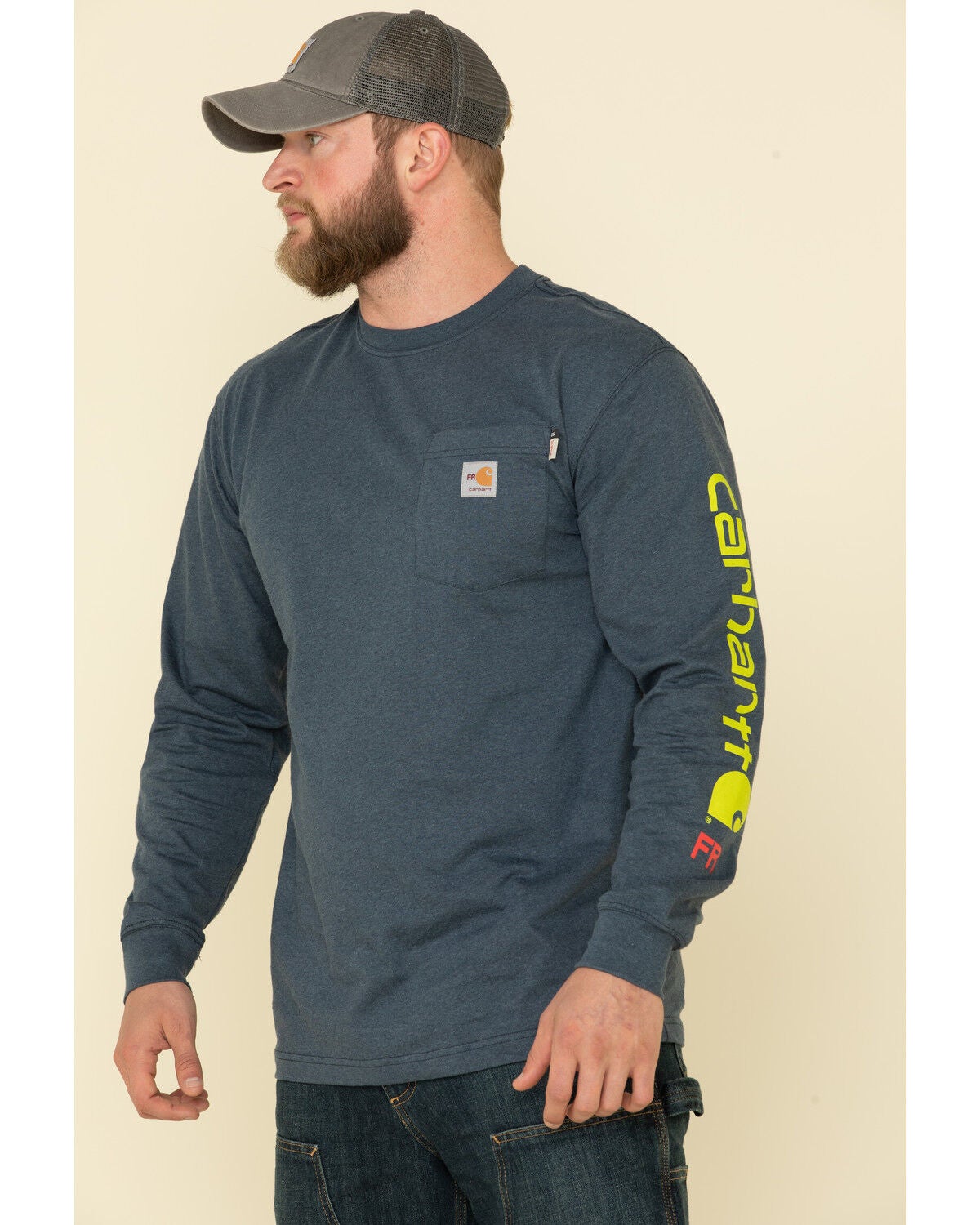 Image #1 - Carhartt Men's M-FR Midweight Signature Logo Long Sleeve Work Shirt, Navy, hi-res