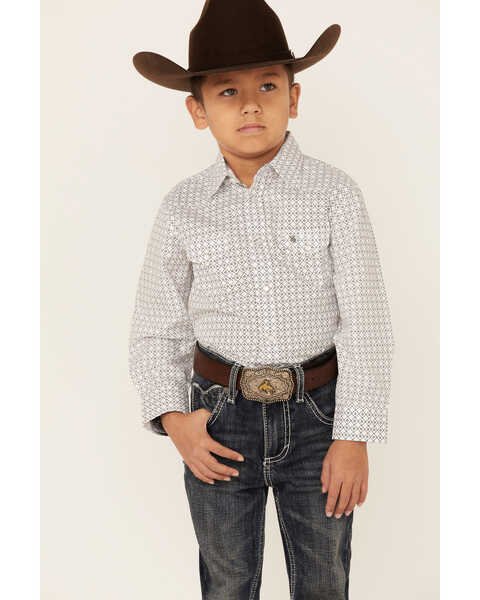 Rodeo Clothing Boys' Dot Geo Print Long Sleeve Pearl Snap Western Shirt , White, hi-res