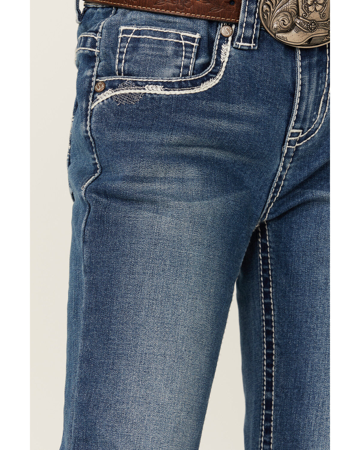 Image #2 - Shyanne Little Girls' Dark Wash Zigzag Pocket Bootcut Jeans, Blue, hi-res