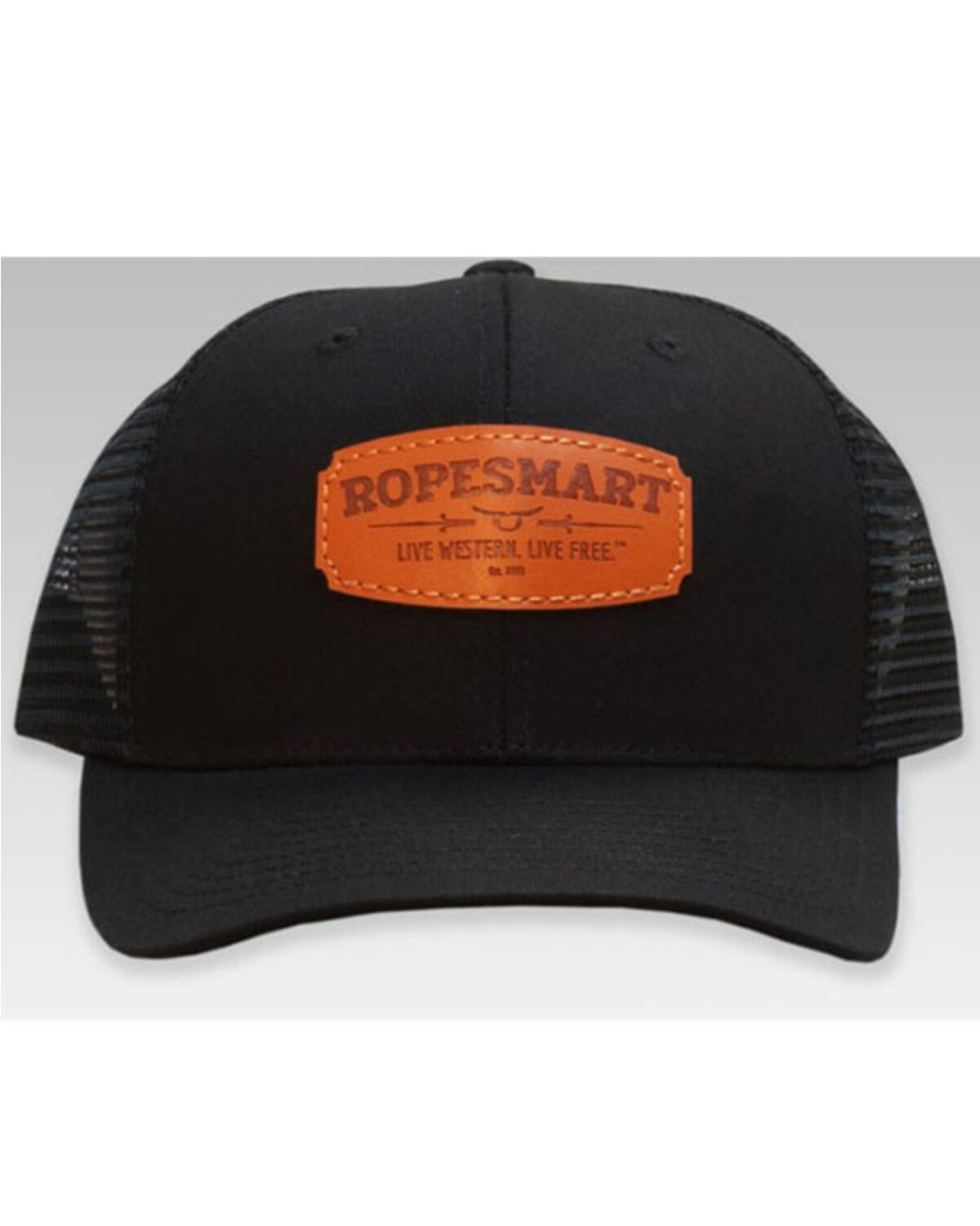 Image #2 - RopeSmart Men's Black Leather Logo Patch Mesh-Back Ball Cap, Black, hi-res