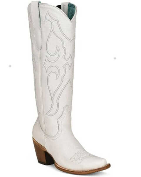 Corral Women's Matching Stitch Pattern & Inlay Tall Western Boots - Snip Toe, White, hi-res