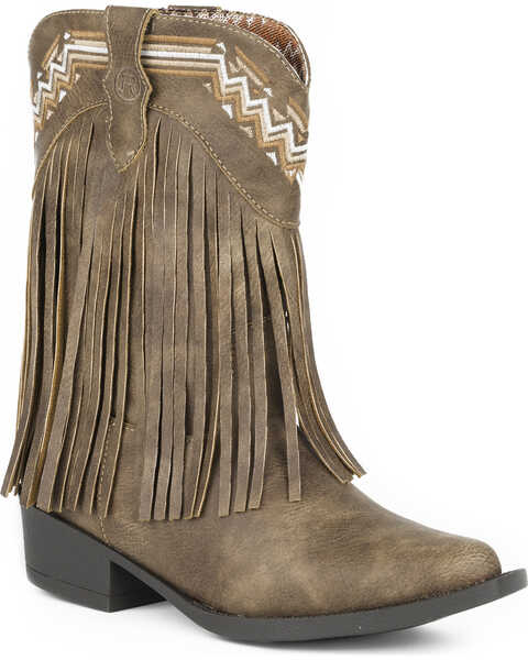 Roper Girls' Fringed Western Boots - Pointed Toe , Brown, hi-res