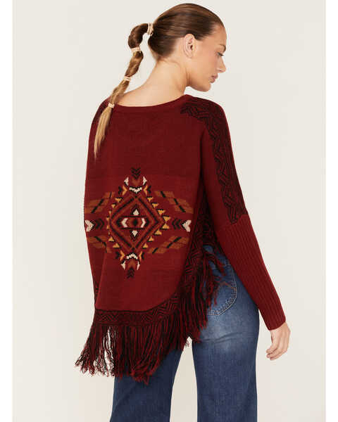 Image #4 - Cotton & Rye Women's Southwestern Knit Fringe Poncho, Red, hi-res