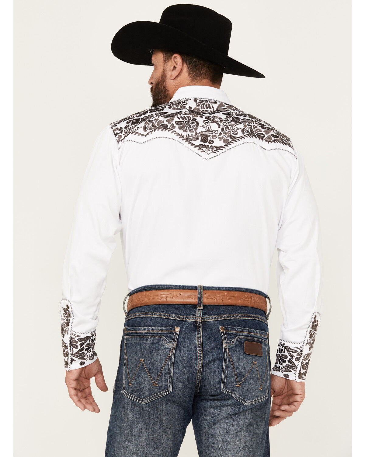 Image #4 - Scully Men's Embroidered Gunfighter Long Sleeve Snap Western Shirt, Steel, hi-res