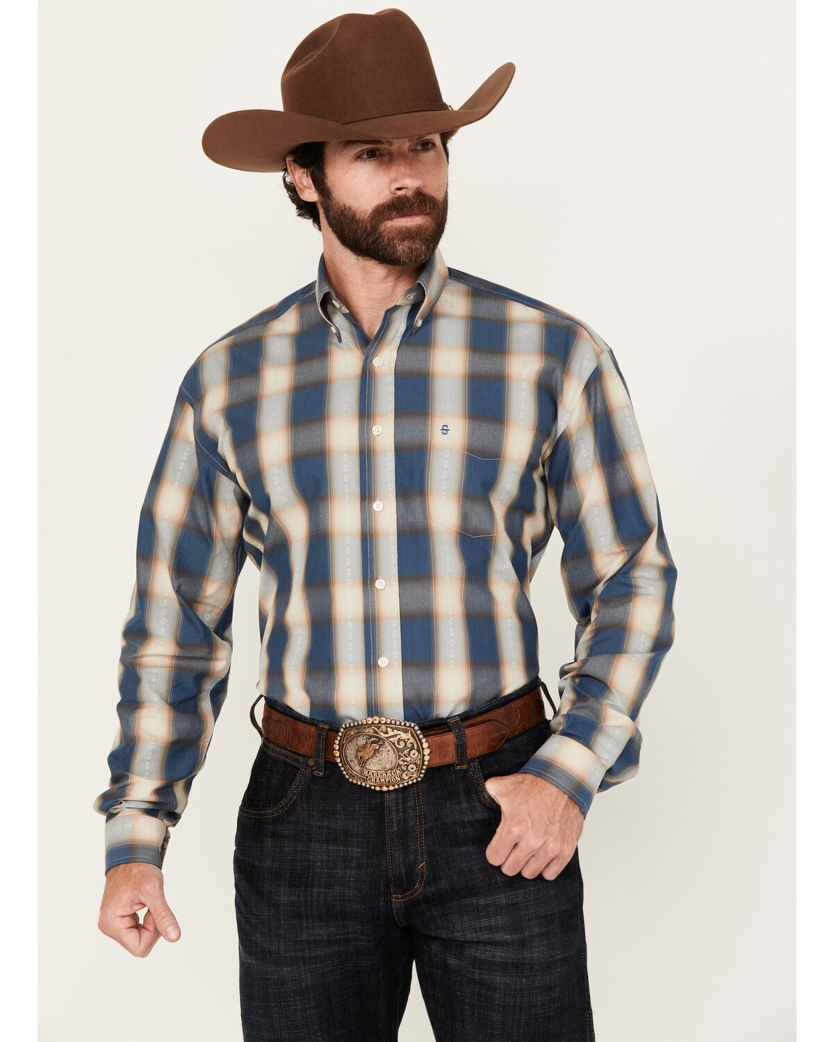 Stetson Men's Dobby Print Long Sleeve Button-Down Western Shirt, Blue, hi-res