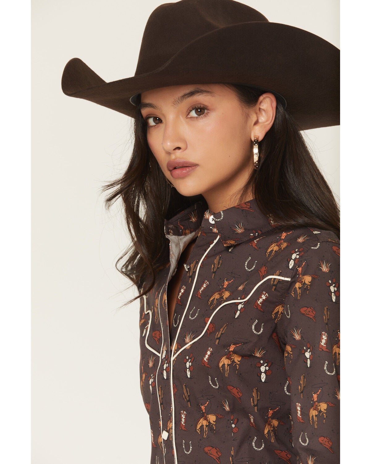 Image #2 - Rock & Roll Denim Women's Western Conversation Print Long Sleeve Snap Western Shirt, Brown, hi-res
