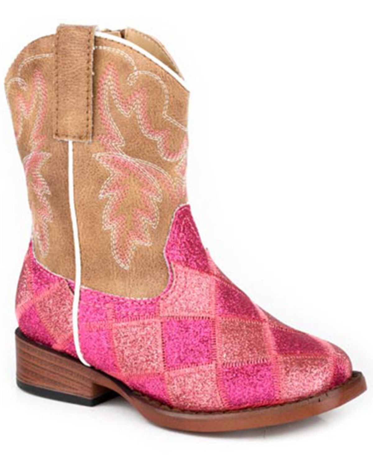 Roper Toddler Girls' Glitter Blocks Western Boots - Broad Square Toe, Pink, hi-res