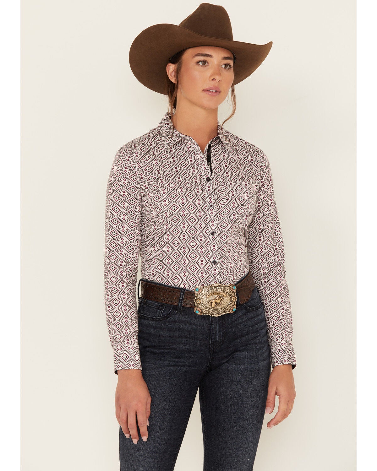 Image #1 - RANK 45&reg; Women's Geo Print Long Sleeve Button-Down Stretch Riding Shirt, , hi-res