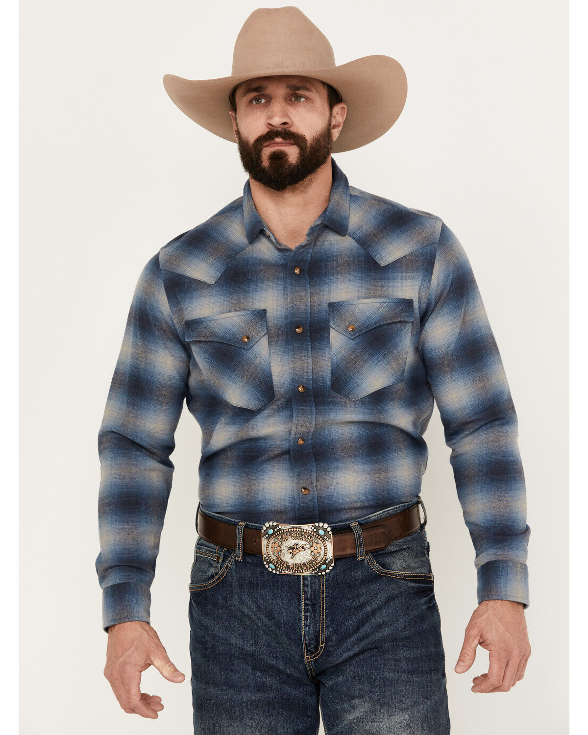 Image #1 - Pendleton Men's Wyatt Plaid Print Long Sleeve Western Snap Shirt, Dark Blue, hi-res