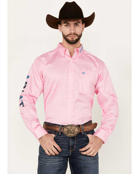 Ariat Men's Team Solid Twill Logo Long Sleeve Button-Down Western Shirt - Big, Pink, hi-res