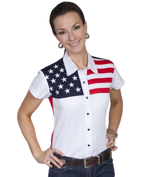 Image #1 - Scully Women's American Flag Print Short Sleeve Snap Top, White, hi-res