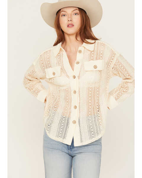 Very J Women's Crochet Button-Down Shirt, Natural, hi-res