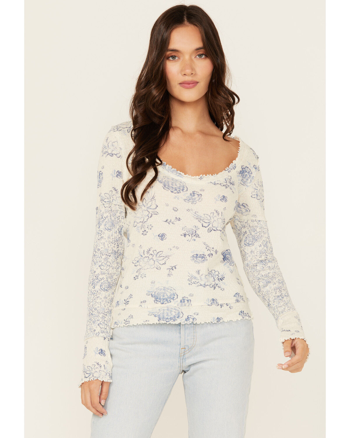 Image #1 - Free People Women's Clover Printed Thermal Long Sleeve Shirt, Ivory, hi-res