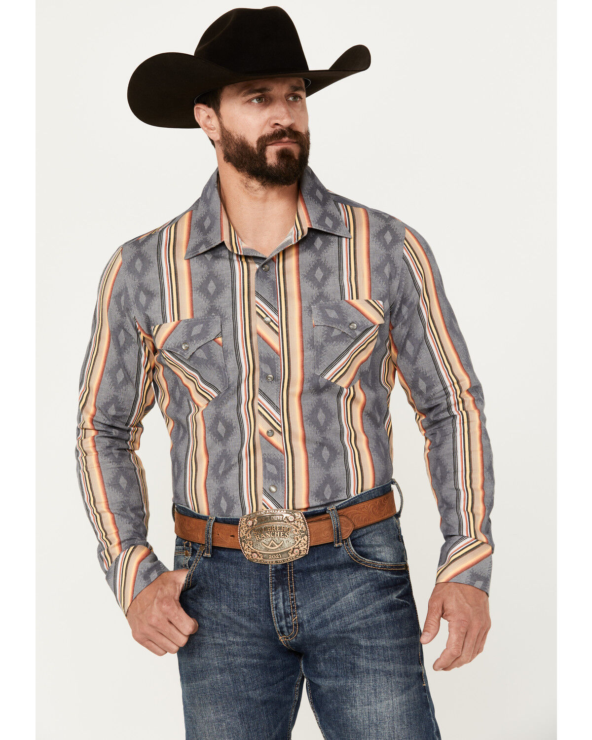 Image #1 - Rock & Roll Denim Men's Serape Striped Print Long Sleeve Stretch Pearl Snap Western Shirt, Grey, hi-res