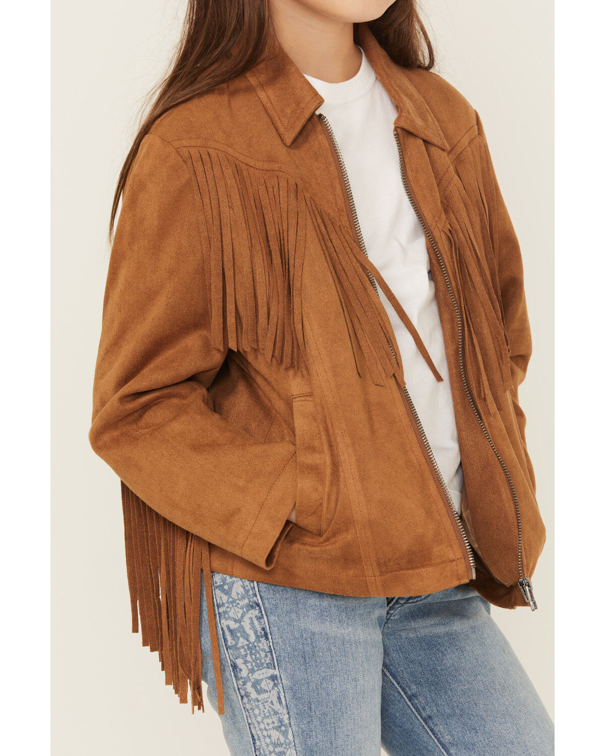 Image #2 - Fornia Girls' Solid Fringe Faux Suede Zip-Up Jacket, Camel, hi-res