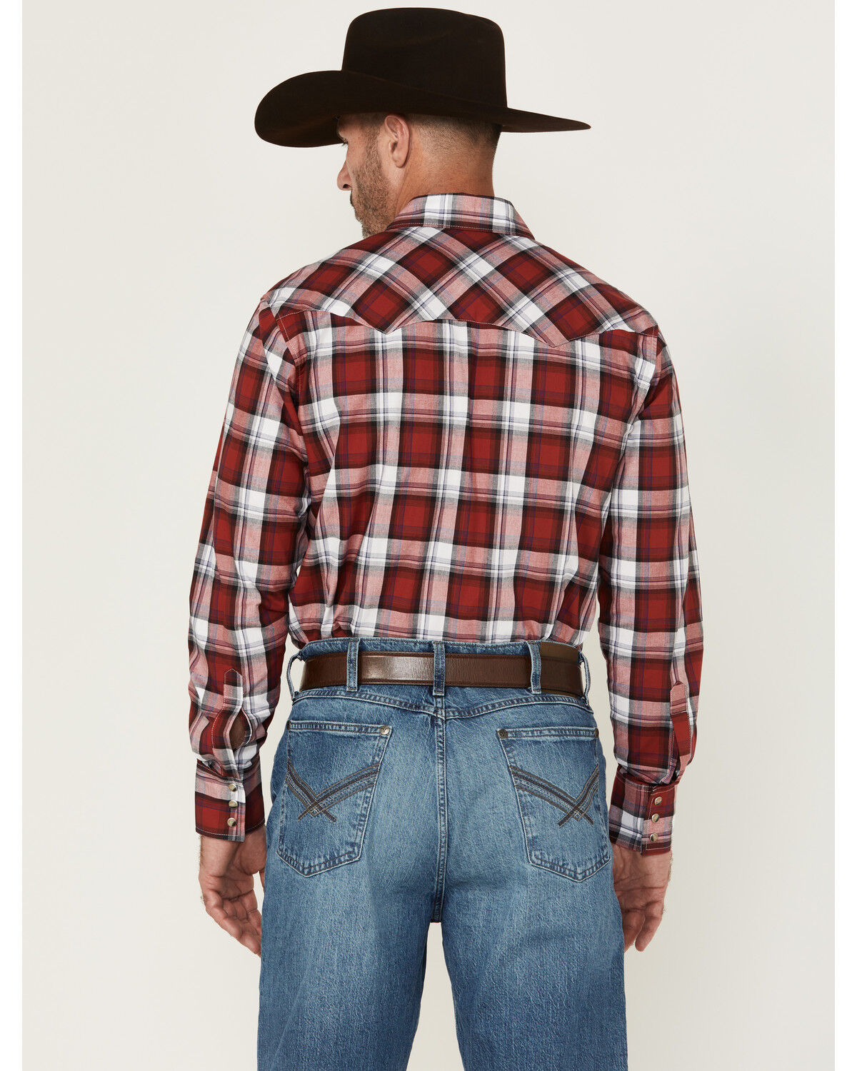 Image #4 - Wrangler Retro Men's Plaid Print Long Sleeve Snap Western Shirt, Burgundy, hi-res