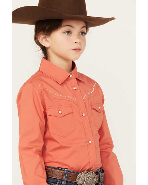Image #2 - Shyanne Girls' Solid Long Sleeve Rhinestone Button-Down Stretch Western Riding Shirt, Brick Red, hi-res