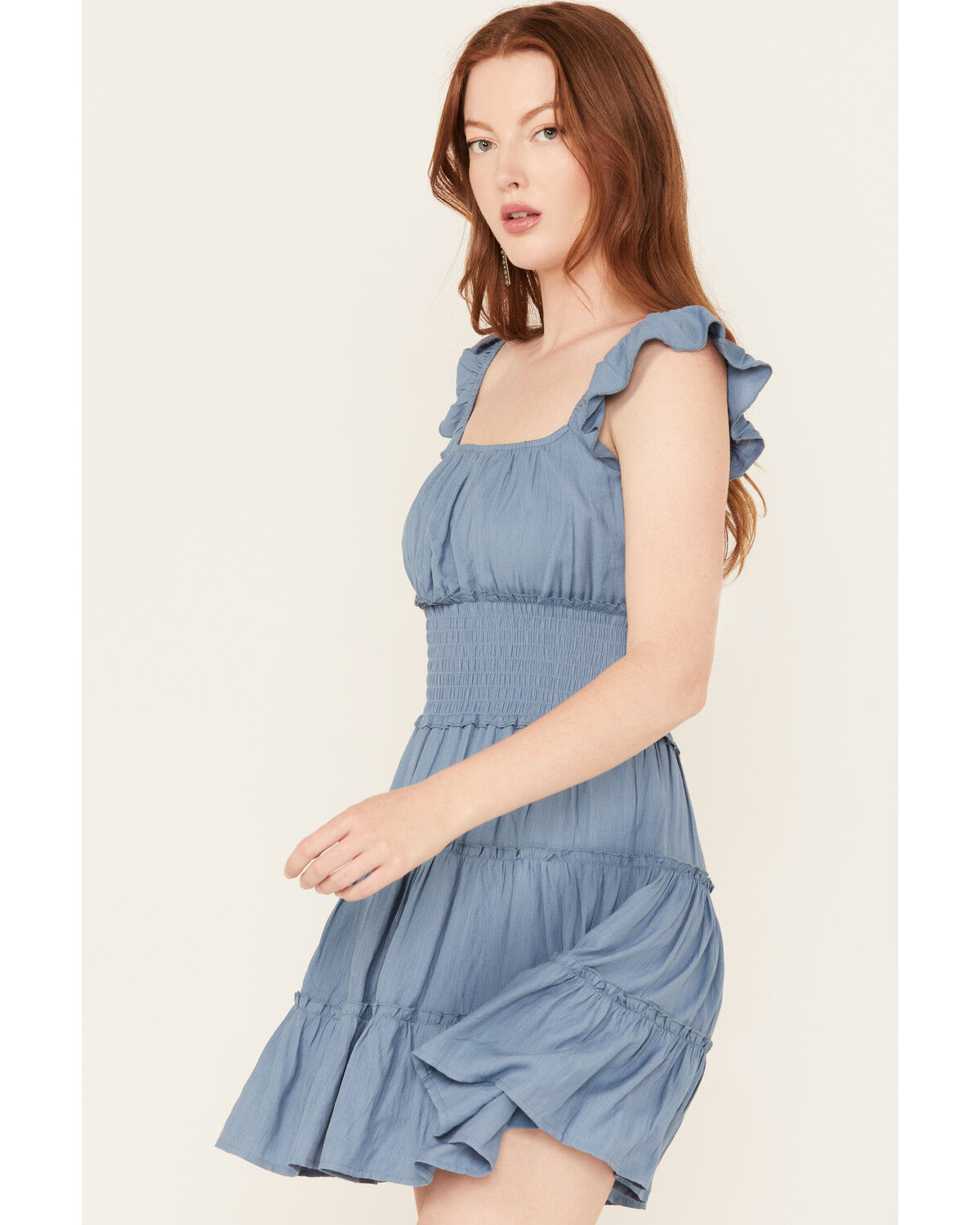 Image #2 - Trixxi Women's Smocked Waist Mini Dress, Blue, hi-res