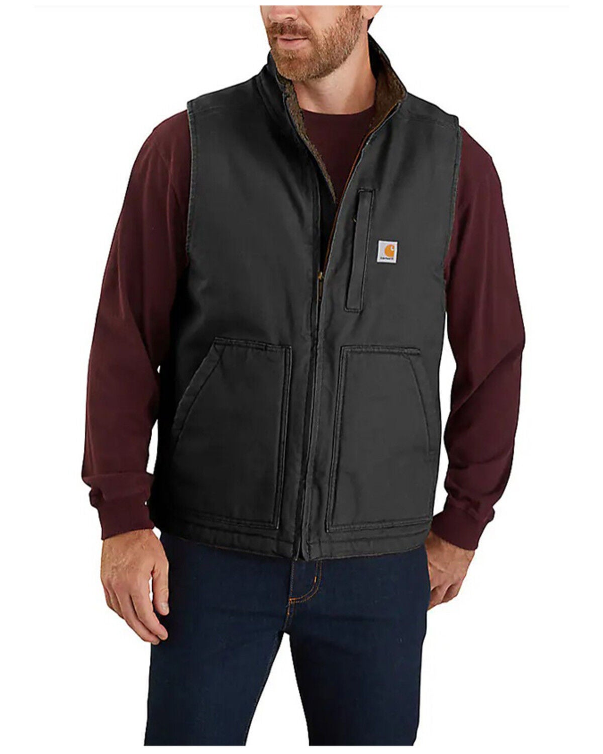Carhartt Men's Duck Sherpa Lined Mock Neck Work Vest - Tall, Black, hi-res