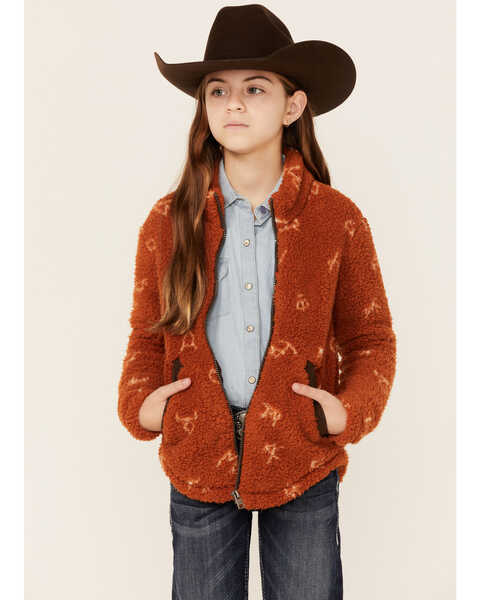 Cruel Girl Girl's Branding Print Zip-Front Fleece Jacket , Orange, hi-res