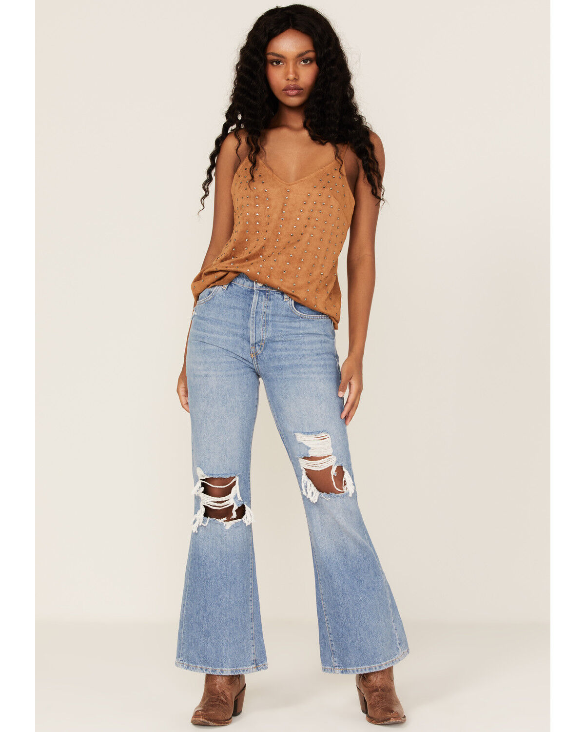 Image #2 - Vocal Women's Studded Faux Suede Cami Top, Camel, hi-res