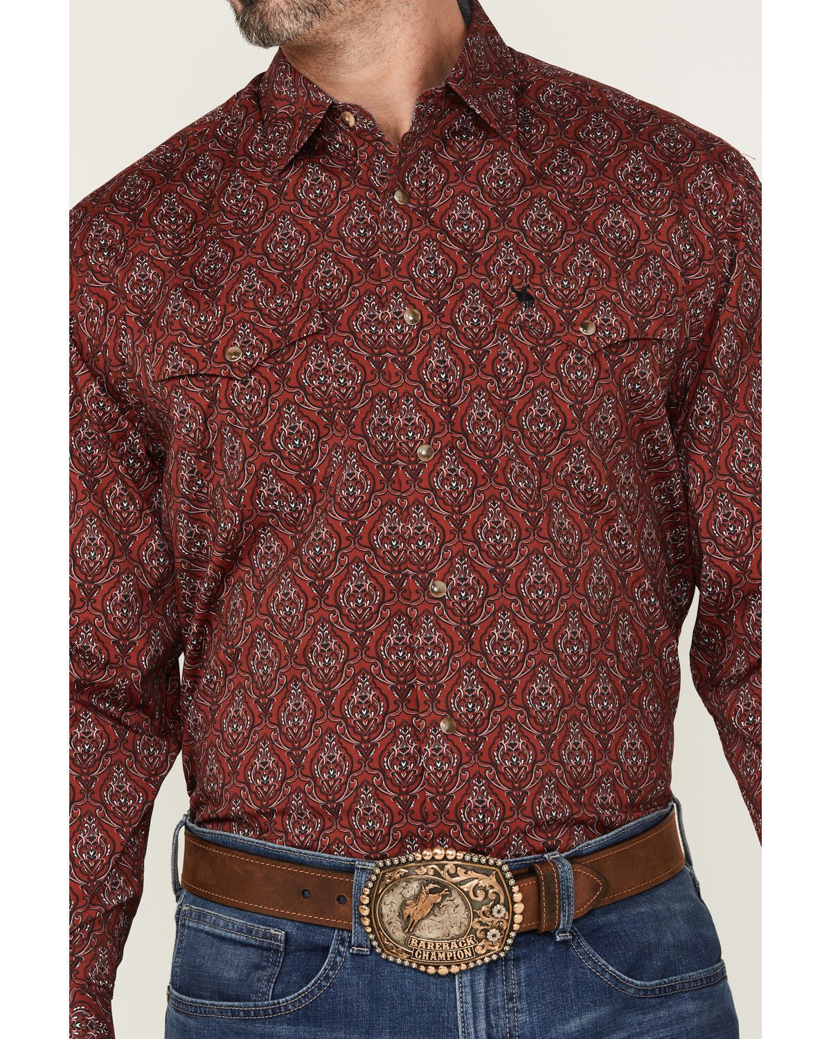 Image #3 - Rodeo Clothing Men's Boot Barn Exclusive Paisley Print Long Sleeve Snap Western Shirt, Burgundy, hi-res