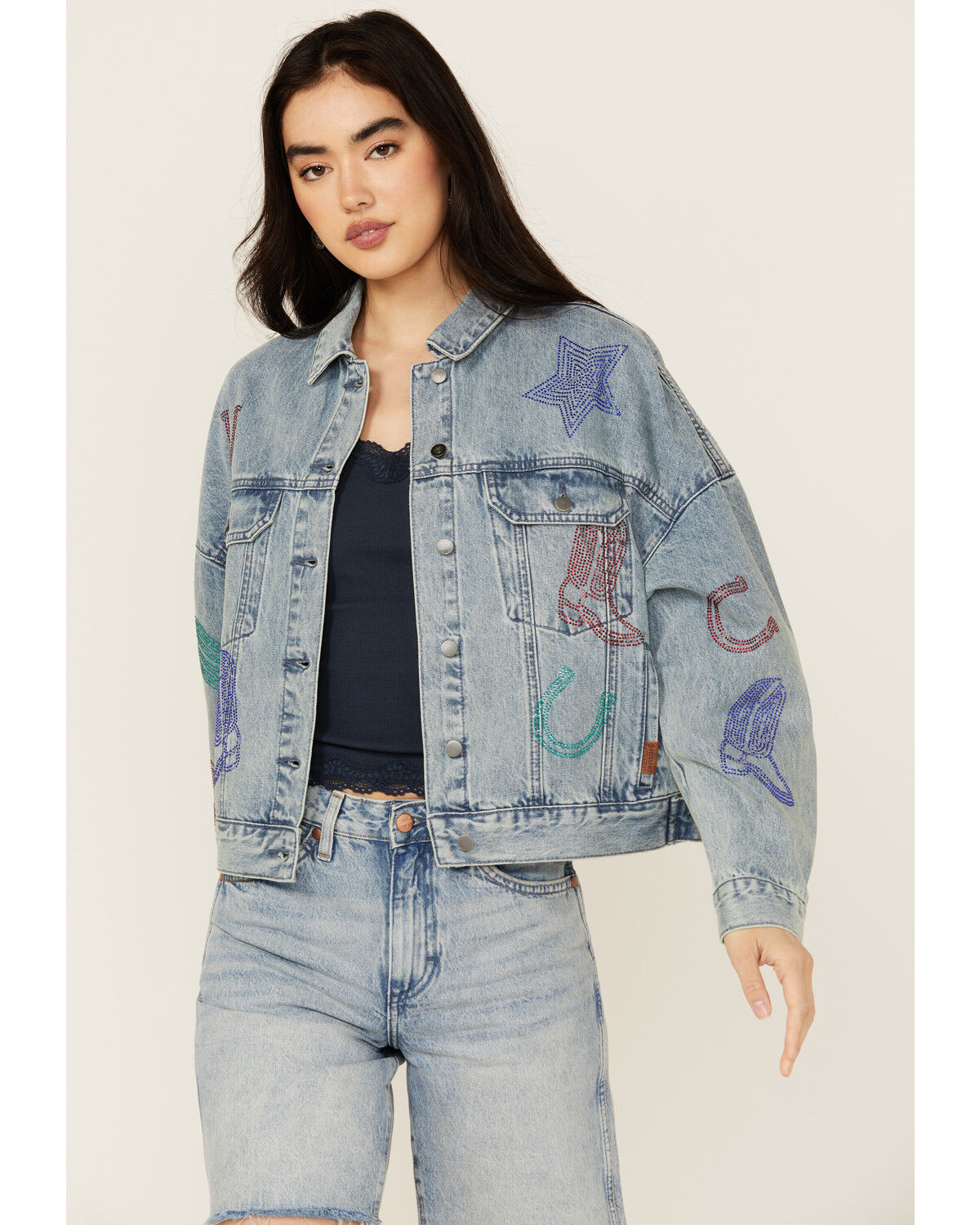 Image #1 - Rock & Roll Denim Women's Light Wash Rhinestone Embellished Denim Jacket, Light Wash, hi-res
