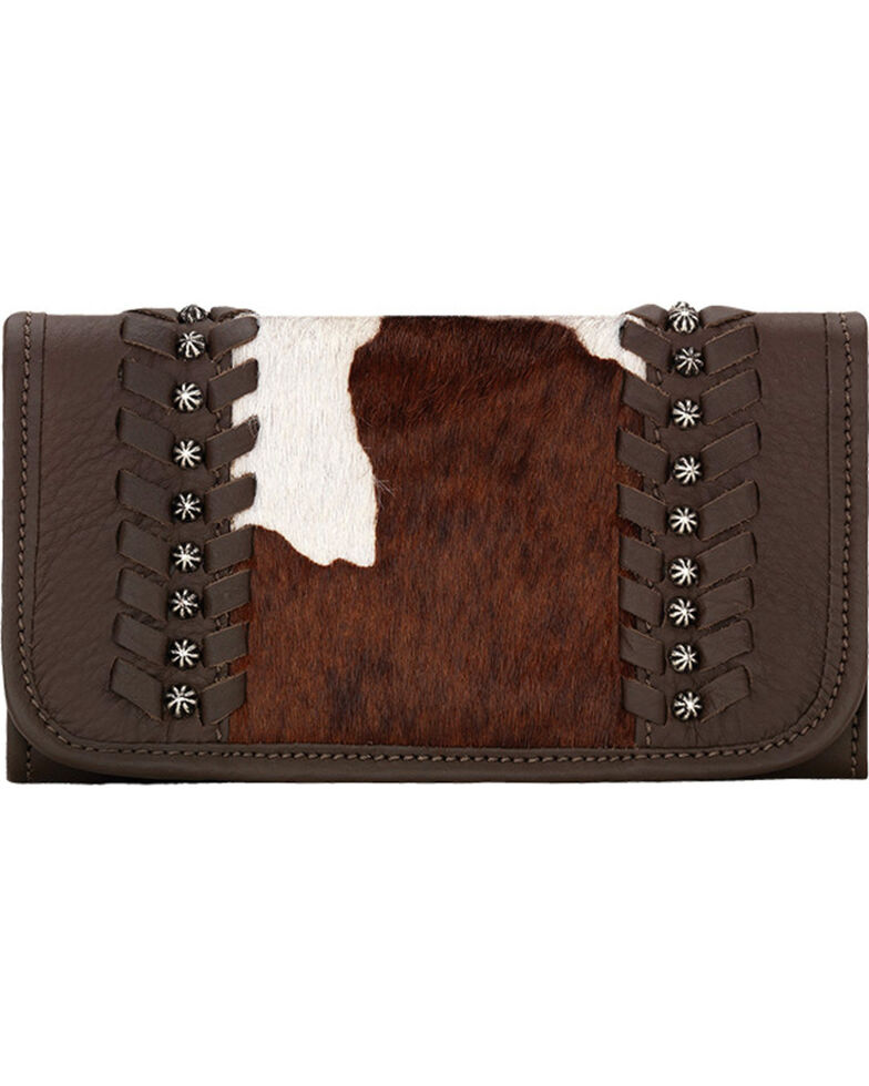 American West Women's Cow Town Chocolate Pony Hair Tri-Fold Wallet , Chocolate, hi-res