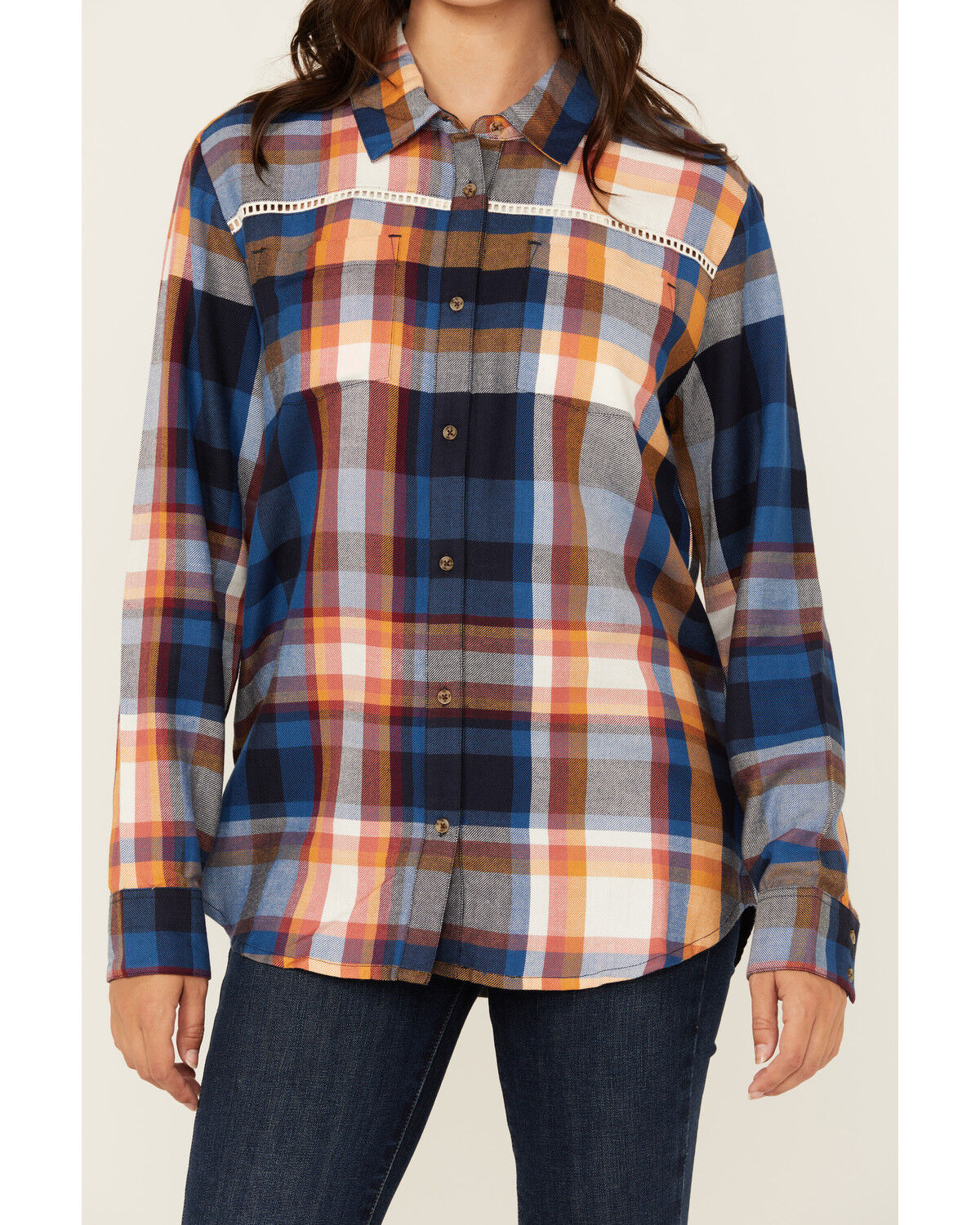 Image #3 - Shyanne Women's Plaid Print Ladder Lace Trim Long Sleeve Button-Down Flannel Shirt, Navy, hi-res
