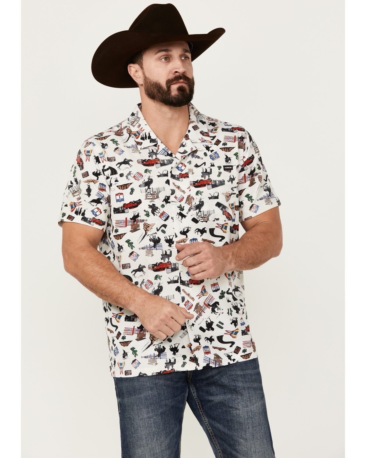 Image #1 - Cinch Men's Rodeo Conversational Print Short Sleeve Button-Down Performance Stretch Western Shirt, White, hi-res