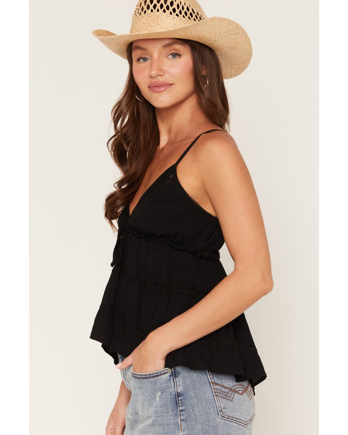 Image #2 - Angie Women's Sleeveless Lace Trim Tiered Cami, Black, hi-res