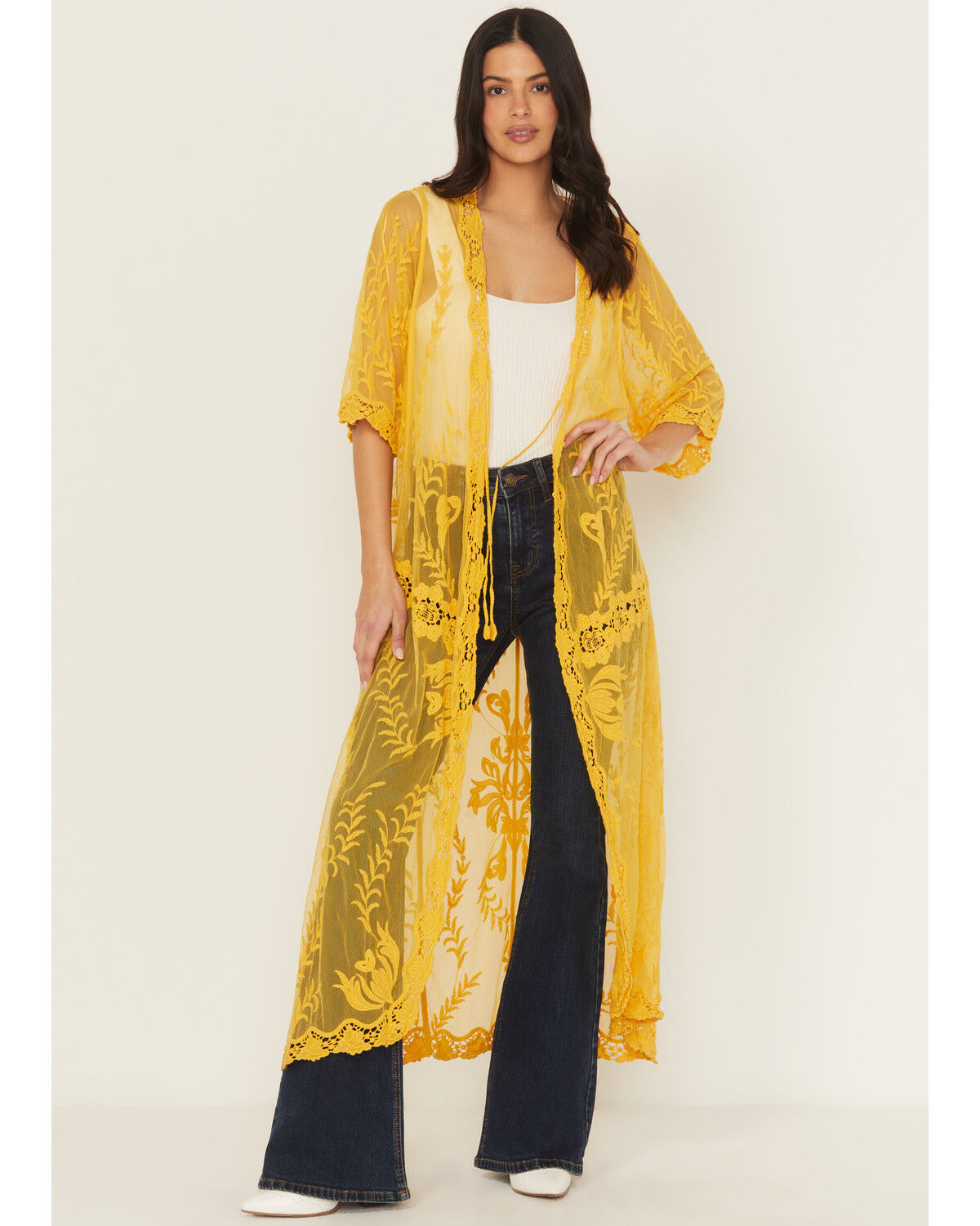 Image #1 - Shyanne Women's Embroidered Mesh Kimono, Gold, hi-res