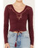 Image #3 - Shyanne Women's Long Sleeve Cutwork Front Tie Top, Maroon, hi-res