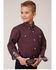 Roper Boys' Amarillo Diamond Geo Print Long Sleeve Button Down Shirt, Wine, hi-res