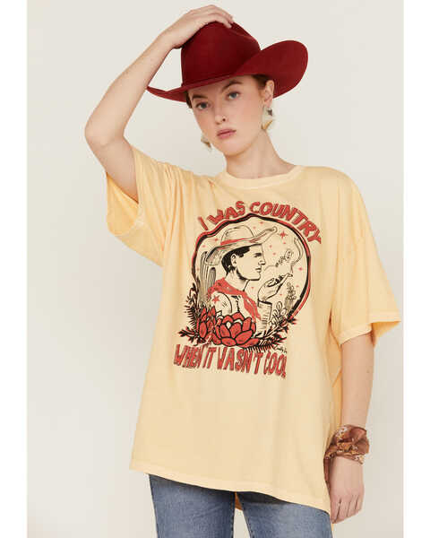 Country Deep Women's I Was Country When It Wasn't Cool Oversized Graphic Tee, Yellow, hi-res