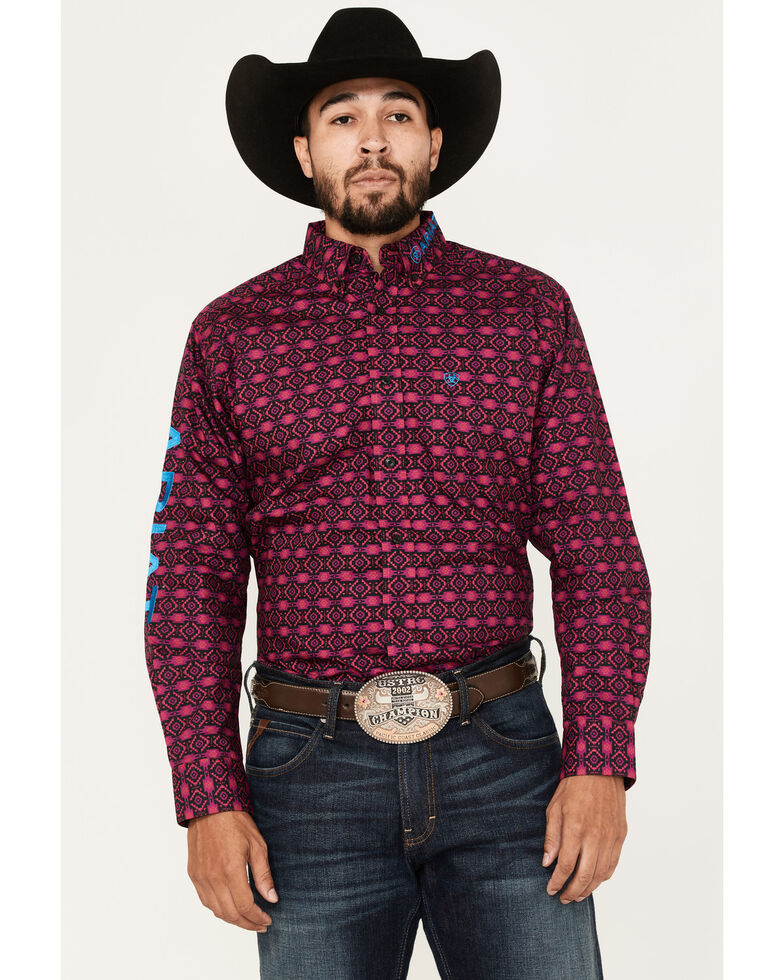 Ariat Men's Team Markus Southwestern Print Logo Button-Down Western Shirt , Dark Pink, hi-res