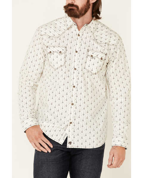 Moonshine Spirit Men's Commanche Chambray Geo Print Long Sleeve Snap Western Shirt , Ivory, hi-res