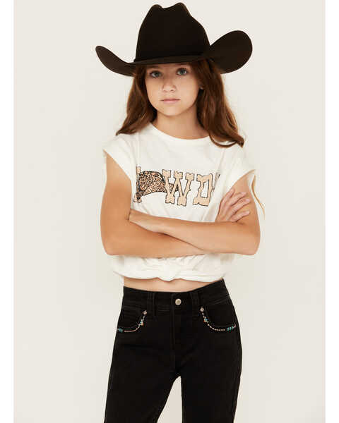 Saints & Hearts Girls' Howdy Tie Front Short Sleeve Graphic Tee, Ivory, hi-res