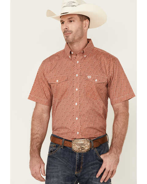 Panhandle Select Men's Poplin Geo Print Short Sleeve Button Down Western Shirt , Orange, hi-res