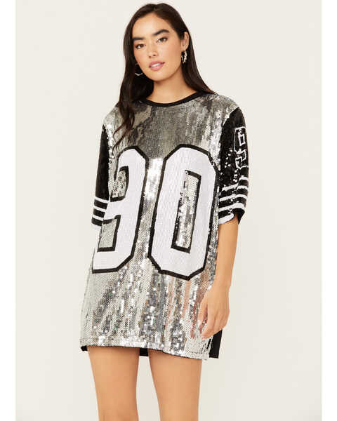 Why Dress Women's Game On Jersey Sequins Oversized Tee, Silver, hi-res