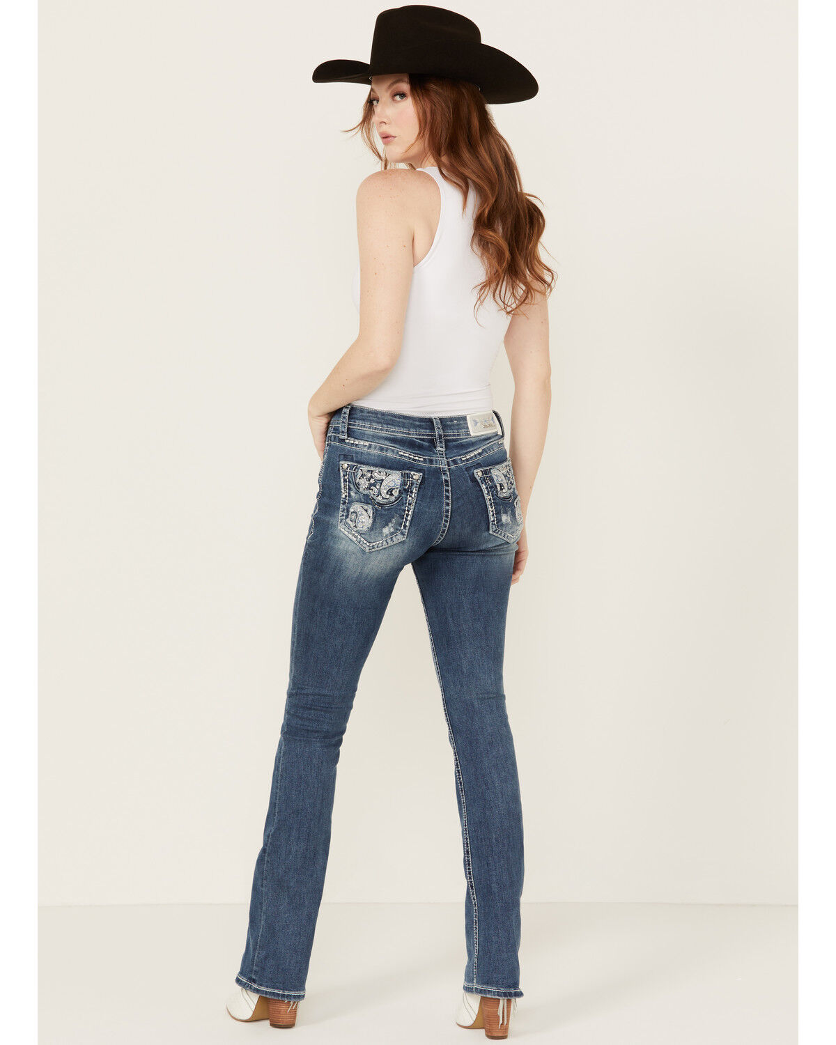 Image #1 - Grace In LA Women's Medium Wash Paisley Pocket Mid Rise Stretch Denim Jeans, Medium Wash, hi-res