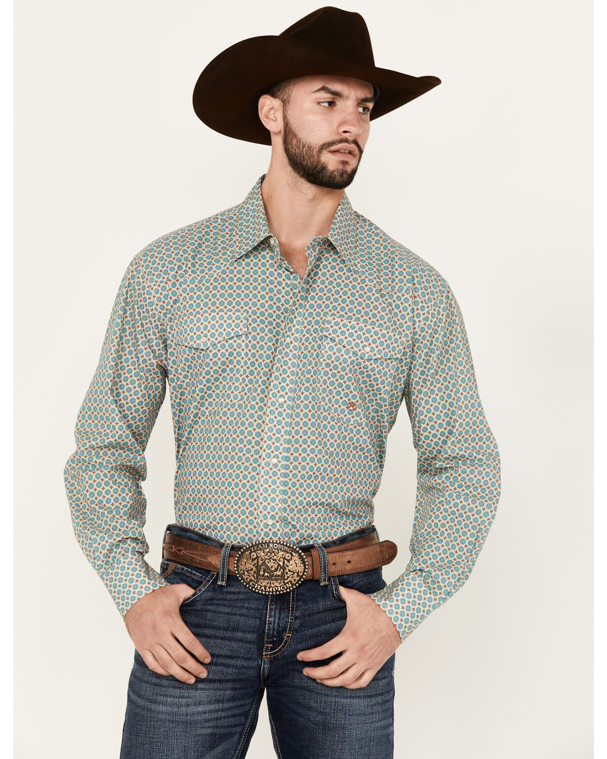 Image #1 - Roper Men's Amarillo Geo Print Long Sleeve Pearl Snap Western Shirt, Teal, hi-res