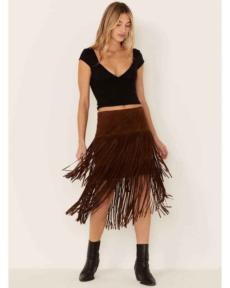 Stetson Women's Brown Fringe Suede Skirt, Brown, hi-res