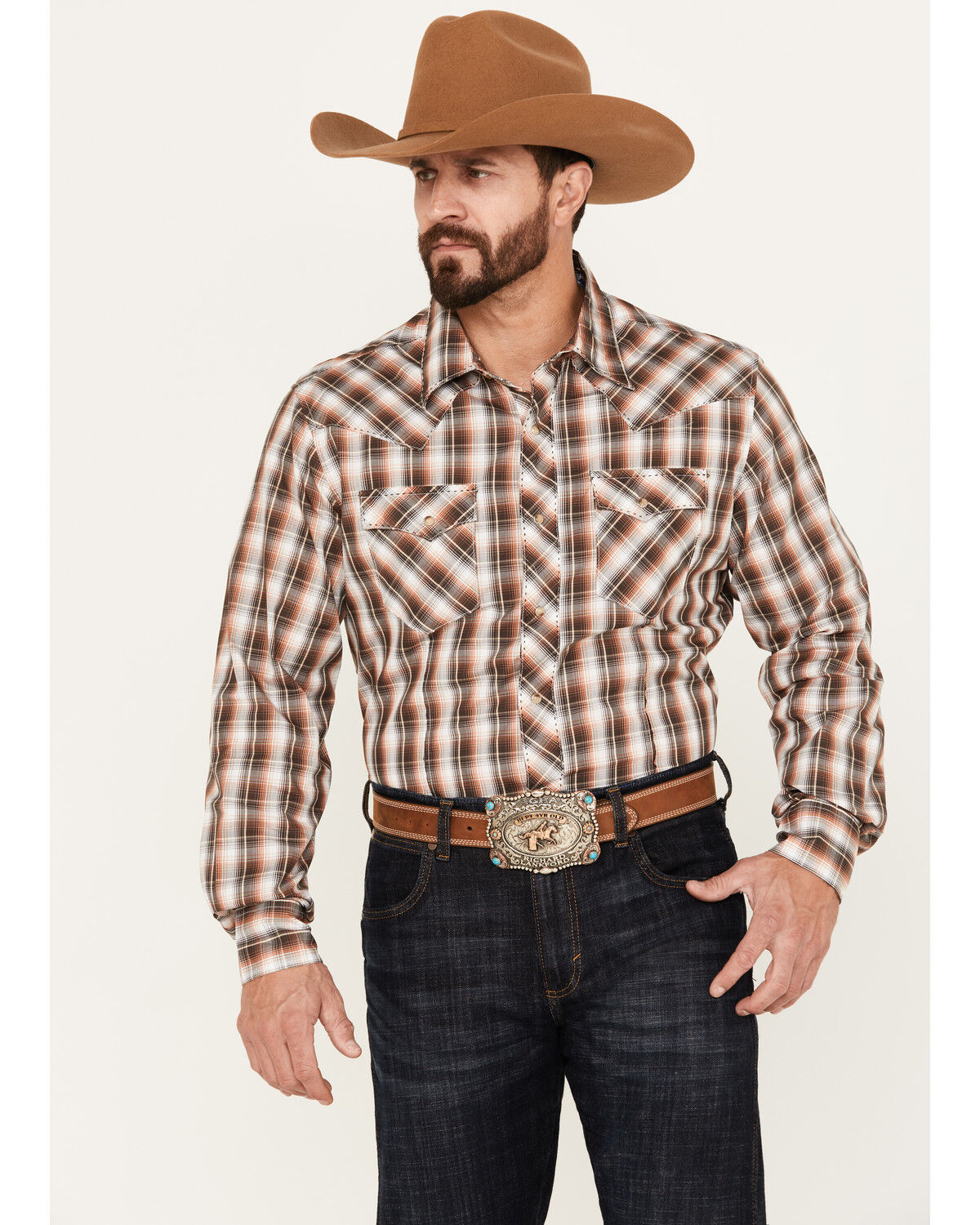 Image #1 - Wrangler Men's Plaid Print Long Sleeve Western Snap Shirt, Brown, hi-res